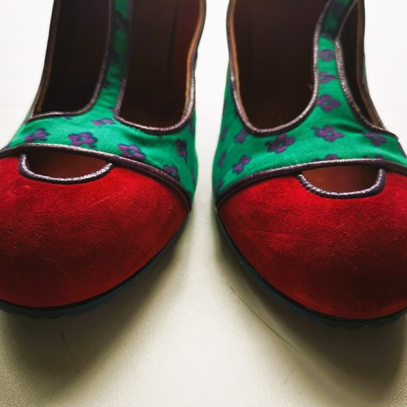 MARC JACOBS Canvas Floral Print Pumps Teal Red Adjustable Almond Toe SZ 9 Retro - Picture 6 of 10